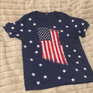 Blue and White Short Sleeve Tee with American Flag Design